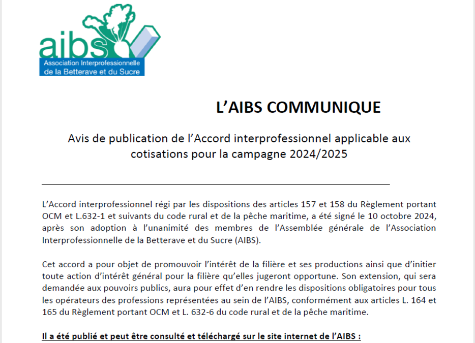 Avis de publication de l’Accord interprofessionnel applicable aux cotisations pour la campagne 2024/2025