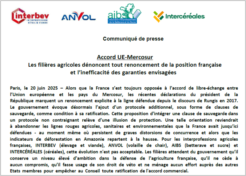 ACCORD UE-MERCOSUR : Les filières agricoles dénoncent tout renoncement de la position française et l’inefficacité des garanties envisagées