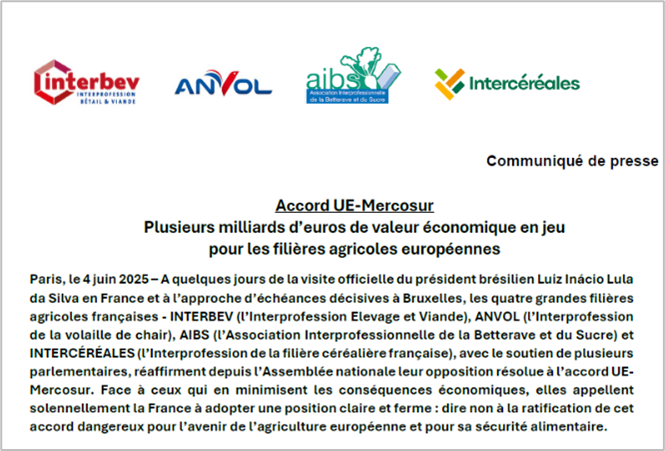 ACCORD UE-MERCOSUR : Les filières agricoles refusent d’être sacrifiées sur l’autel de la guerre commerciale