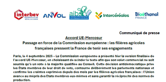 ACCORD UE-MERCOSUR : Passage en force de la Commission européenne : les filières agricoles françaises pressent la France de tenir ses engagements