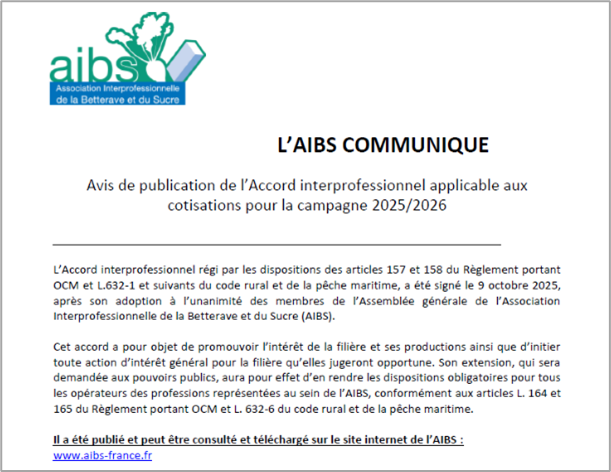 Avis de publication de l’Accord interprofessionnel applicable aux cotisations pour la campagne 2025/2026